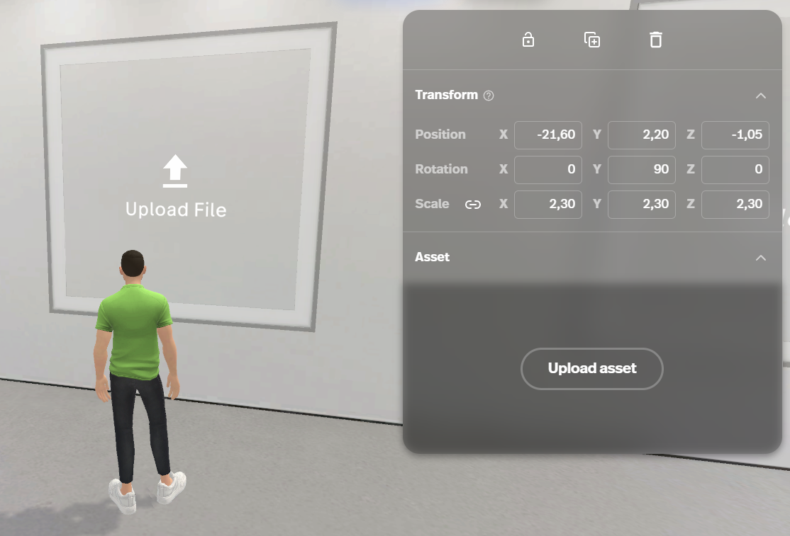 Interfaccia di Spatial.io durante l'allestimento di una galleria virtuale