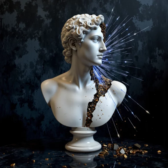 Un busto di marmo classico si frantuma sprigionando dalle crepe una luce blu e oro.