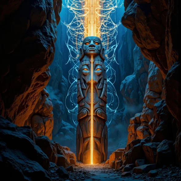 A luminous bridge of blue and gold data connects an ancient Indigenous totem to a futuristic architectural structure.
