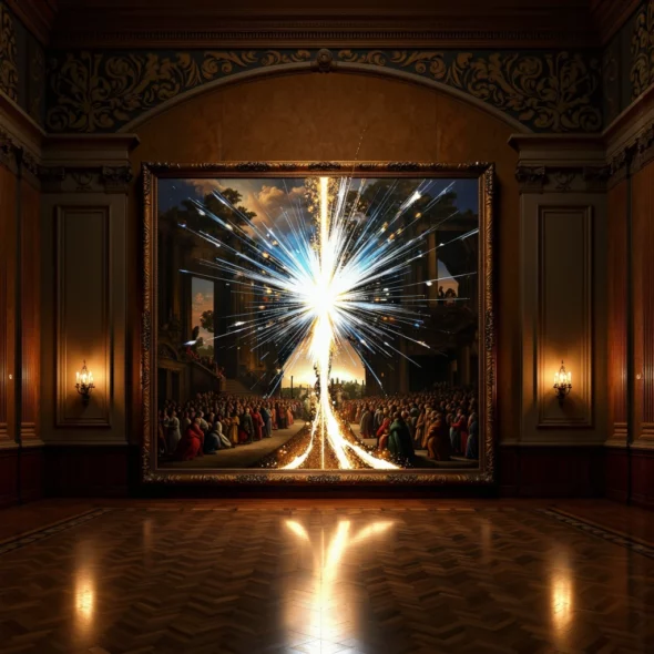 A classical oil painting in a museum gallery is torn by a luminous, glitching breach of blue and gold data streams.