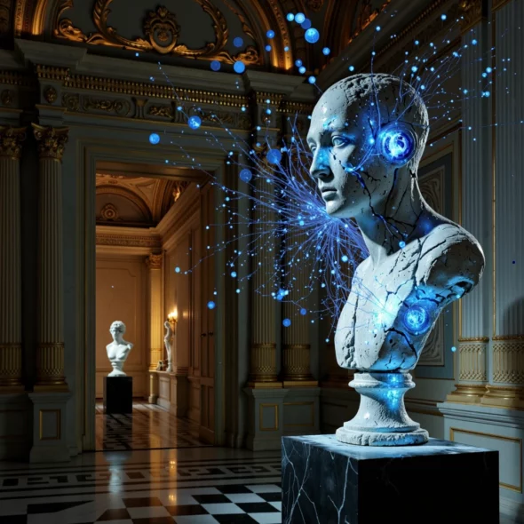 Un busto di marmo classico si sgretola in particelle di dati all'interno di una galleria museale in frammentazione, sostituito da un'entità di intelligenza artificiale luminosa su un piedistallo.