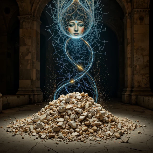 A conceptual visualization in a dark setting shows thousands of ancient fresco fragments being lifted and reassembled by streams of blue and gold algorithmic light