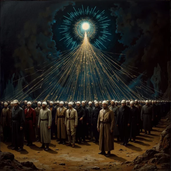 Un'immagine concettuale in chiaroscuro mostra una folla in marcia simile a quella del dipinto "Il Quarto Stato", ma le figure sono dotate di interfacce neurali luminose che emettono flussi visibili di dati a ultrasuoni blu e oro, connettendo le loro menti in una rete collettiva.