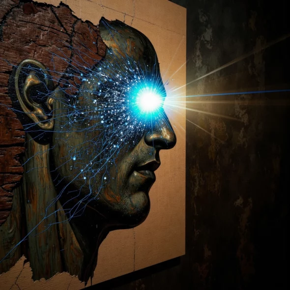 Un'immagine concettuale in chiaroscuro mostra un antico dipinto rinascimentale analizzato da un'interfaccia ottica futuristica. La luce blu e oro della tecnologia fa esplodere gli strati di vernice in wireframe olografici e dati microscopici, rivelando una dimensione digitale nascosta.