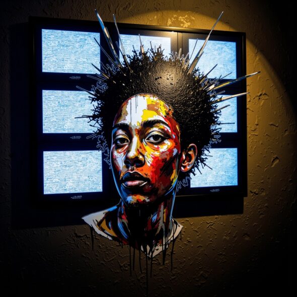 A chiaroscuro conceptual image depicts a raw, vibrant graffiti-style face painted over a wall of flickering CCTV surveillance monitors; visible sound waves and digital glitches emanate from the screens.