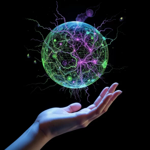 Un'immagine concettuale in chiaroscuro mostra una mano umana che interagisce con un'intricata interfaccia AR olografica (stile cyberpunk/anime) intrecciata con radici organiche, mentre monoliti di dati fluttuano in uno sfondo spaziale scuro.