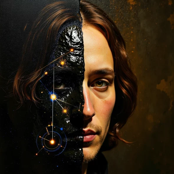 Un'immagine concettuale in chiaroscuro mostra un classico ritratto a olio in stile Rembrandt che si fonde con del catrame nero, denso e lucido. Raggi laser luminosi e ologrammi ad alta tecnologia scansionano i materiali, rivelando dati digitali e wireframe sotto la pittura antica.