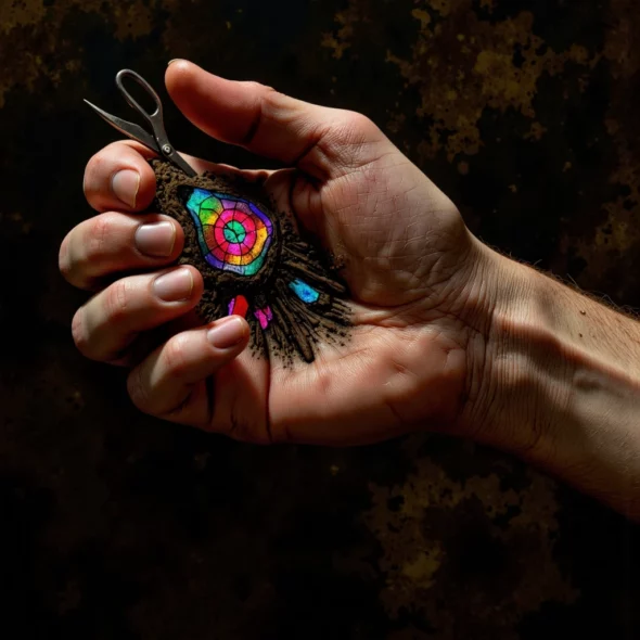 Un'immagine concettuale in chiaroscuro mostra una mano anziana e materica che compie un gesto "pinch" tipico della VR, stringendo delle antiche forbici di ferro. Dal taglio nell'oscurità esplodono forme astratte e vivaci in stile Matisse, composte da luce olografica AR e dati digitali, simboleggiando la tecnologia che supera i limiti fisici.